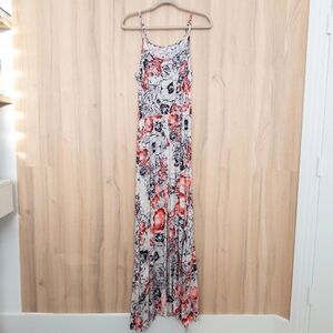 Floral Spaghetti-Strap Maxi Dress in Cream and Coral